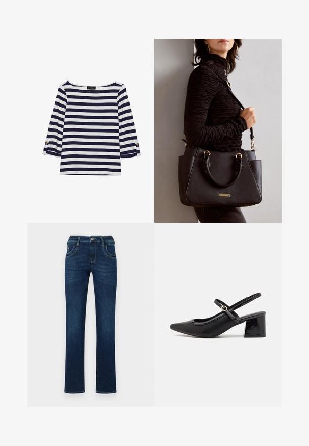 Camiseta de manga larga a rayas en azul marino y blanco, con escote barco y acentos de botones dorados en las mangas enrolladas. Tejido suave y corte relajado.; Jeans de mezclilla azul oscuro con corte recto, diseño de cinco bolsillos y cierre de botón estándar. Presenta sutiles detalles de costura.; Tacones slingback de charol negro con punta afilada, un diseño de corte redondeado y tacón bloque. Incluye un detalle de hebilla en tono dorado.; Bolso negro con superficie texturizada, doble asa superior y correa para hombro ajustable. Presenta herrajes en tono dorado y bolsillos laterales.