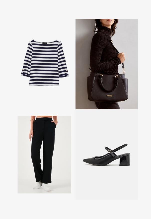 Maglietta a righe blu navy e bianca con maniche lunghe, scollo a barca e dettagli con bottoni dorati sulle maniche arrotolate. Tessuto morbido, vestibilità comoda.; Pantaloni neri a gamba larga con una texture liscia, fronte plissettato e tasche laterali. Indossati con sneakers bianche per un contrasto.; Décolleté in vernice nera con cinturino dietro, punta affusolata, design con ritagli arrotondati e tacco a blocco. Presenta un accento di fibbia tono oro.; Borsa nera con superficie texturizzata, manici superiori doppi e tracolla regolabile. Dotata di hardware color oro e tasche laterali.