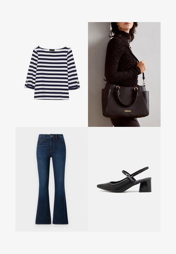 Námornícky a bielo pruhovaný top s dlhým rukávom, ktorý má lodičkový výstrih a zlaté gombíkové akcenty na zrolovaných rukávoch. Mäkčená látka, voľný strih.; TOM TAILOR STELLA tmavomodrý denim; Čierne lakované kožené lodičky so slingback dizajnom, špicatou špičkou, zaobleným výrezom a blokovým podpätkom. Obsahuje akcent zlatého tónu s prackou.; Čierna kabelka s textúrovaným povrchom, dvojitými hornými rúčkami a nastaviteľným ramenným popruhom. Obsahuje zlaté kovanie a bočné vrecká.