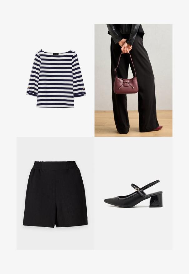 Marineblå og hvit stripete langermet topp med båthals og gullknapper på rullede ermer. Myk stoff, avslappet passform.; Sorte shorts med teksturert stoff, elastisk midjebånd og rett snitt. Har et rent design uten ekstra aksenter eller mønstre.; Sorte lakk lær slingback hæler med spiss tå, et avrundet utskjæringsdesign og blokkheel. Har en gulltone spenne som detalj.; Burgunderfarget skinnhåndveske med en sløyfedetalj, med en tynn stropp og gulldetaljer, holdt av en person iført svarte bukser.