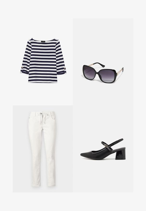 Marineblauw en witte gestreepte longsleeve top met een bootnek en gouden knoopaccenten op de opgerolde mouwen. Zachte stof, relaxte pasvorm.; Witte, slim-fit broek met een trekkoord in de taille, voorzakken en een zachte textuur. Geschikt voor casual kleding of ontspannen omgevingen.; Zwarte gepolijste leren slingback hakken met een spitse neus, een ronde uitsnede en een blokhak. Voorzien van een gouden gespaccent.; Zwarte oversized zonnebril met gradient glazen, dikke montuur en gouden kettingdetails op de pootjes.; Tan leren handtas met een geplooid ontwerp, verstelbare schouderriem en een ronde vorm. Minimalistische branding op het vooroppervlak.