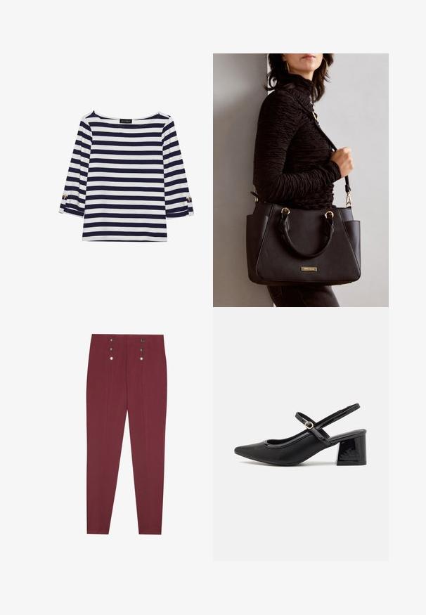 Maglietta a righe blu navy e bianca con maniche lunghe, scollo a barca e dettagli con bottoni dorati sulle maniche arrotolate. Tessuto morbido, vestibilità comoda.; Pantaloni tailored bordeaux con tasche laterali, caratterizzati da una texture liscia e quattro bottoni decorativi argentati in vita.; Décolleté in vernice nera con cinturino dietro, punta affusolata, design con ritagli arrotondati e tacco a blocco. Presenta un accento di fibbia tono oro.; Borsa nera con superficie texturizzata, manici superiori doppi e tracolla regolabile. Dotata di hardware color oro e tasche laterali.