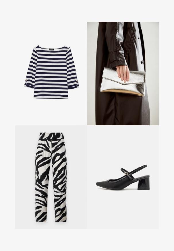 Navy and white striped long-sleeve top with a boat neckline and gold-button accents on rolled sleeves. Soft fabric, relaxed fit.; Black and white zebra print trousers with an elastic waistband, straight cut, and soft texture, featuring bold, contrasting stripes.; Black patent leather slingback heels with a pointed toe, a rounded cutout design, and a block heel. Features a gold-tone buckle accent.; Silver metallic clutch with an angular envelope design, smooth texture, and contrasting interior color, held in a hand wearing a black coat.