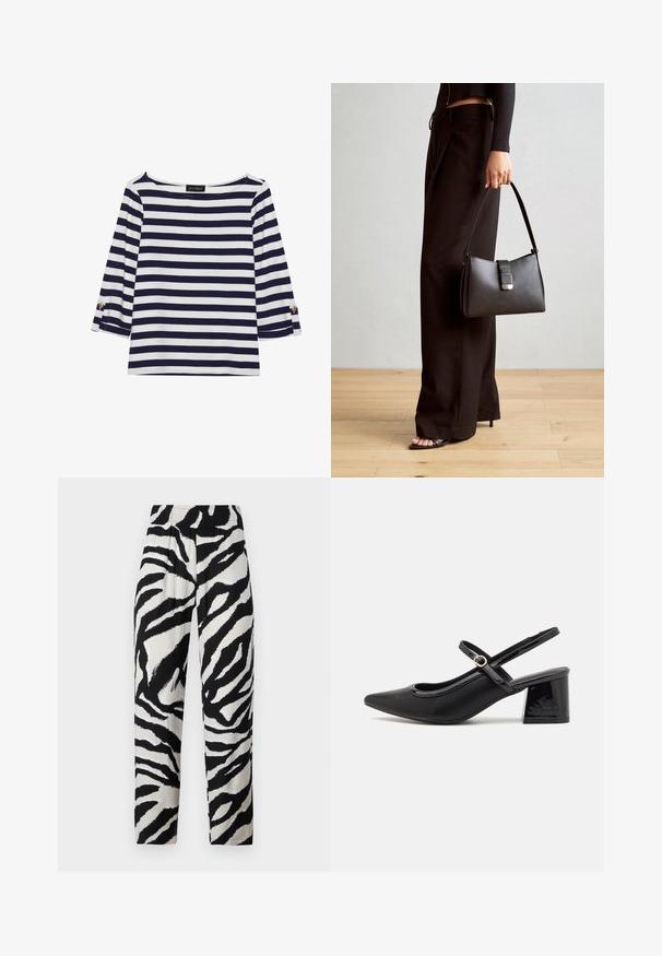 Camiseta de manga larga a rayas en azul marino y blanco, con escote barco y acentos de botones dorados en las mangas enrolladas. Tejido suave y corte relajado.; Pantalones con estampado de cebra en blanco y negro, con cintura elástica, corte recto y textura suave, que presentan franjas audaces y contrastantes.; Tacones slingback de charol negro con punta afilada, un diseño de corte redondeado y tacón bloque. Incluye un detalle de hebilla en tono dorado.; Bolso negro con forma estructurada, textura suave y un cierre metálico. Combinado con pantalones anchos negros y sandalias de dedo en un suelo de madera.