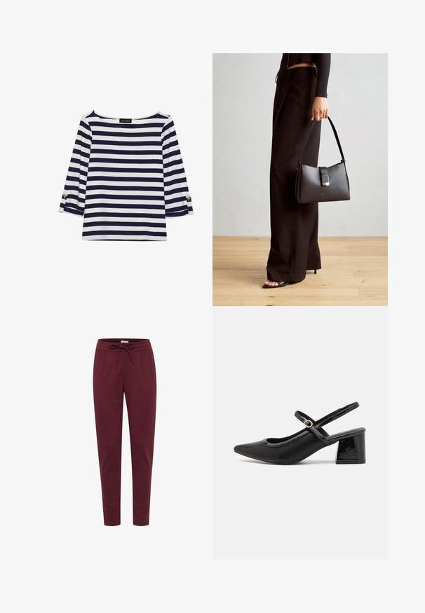 Gestreiftes Langarmoberteil in Marineblau und Weiß mit einem Bootsausschnitt und goldfarbenen Knopfdetails an den hochgekrempelten Ärmeln. Weicher Stoff, entspannter Schnitt.; Burgunderfarbene Hose aus weichem, elastischem Stoff, mit einem Kordelzugbund, vorderen Falten und schmal zulaufenden Beinen. Glatte Textur überall.; Schwarze Lackleder-Slingback-Absätze mit spitzer Zehenform, einem runden Ausschnitt-Design und einem Blockabsatz. Mit einem goldfarbenen Schnallenakzent.; Schwarze Handtasche mit strukturierter Form, glatter Textur und einem metallischen Verschluss. Kombiniert mit weiten schwarzen Hosen und offenen Sandalen auf einem Holzboden.
