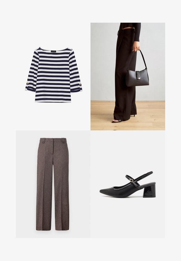 Haut rayé bleu marine et blanc à manches longues avec un col bateau et des accents de boutons dorés sur les manches retroussées. Tissu doux, coupe décontractée.; Pantalons large en marron, fabriqués à partir d'un tissu texturé. Comprend deux poches à l'avant et une coupe ajustée avec deux boutons à la taille.; Escarpins slingback en cuir verni noir avec un embout pointu, un design à découpes arrondies et un talon carré. Présente un accent de boucle en ton doré.; Sac à main noir à la forme structurée, texture lisse et fermoir métallique. Associé à un pantalon noir ample et des sandales ouvertes sur un sol en bois.