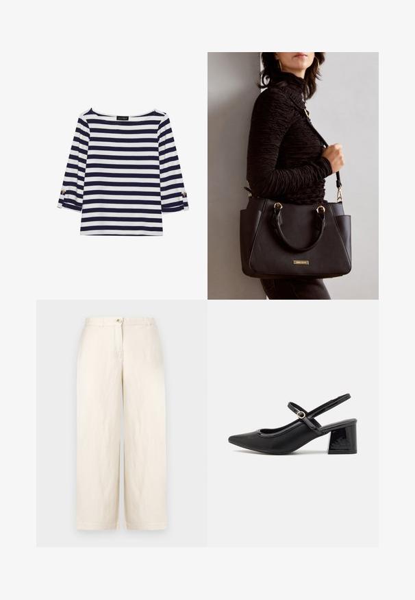 Granatowa i biała, w paski, bluzka z długim rękawem o dekolcie typu łódka oraz złotymi guzikami na podwiniętych rękawach. Miękka tkanina, luźny krój.; Beżowe spodnie o szerokich nogawkach z lekkiego materiału, z zapięciem na guzik, szlufkami na pasek i czystymi wykończeniami. Gładka tekstura i minimalistyczny design.; Czarne lakierowane czółenka na słupku ze spiczastym noskiem, lekko zaokrąglonym wycięciem i obcasem w kształcie bloku. Posiadają złotą klamrę jako akcent dekoracyjny.; Czarna torebka z teksturowanej powierzchni, podwójnymi uchwytami na górze i regulowanym paskiem na ramię. Posiada złote okucia i boczne kieszenie.