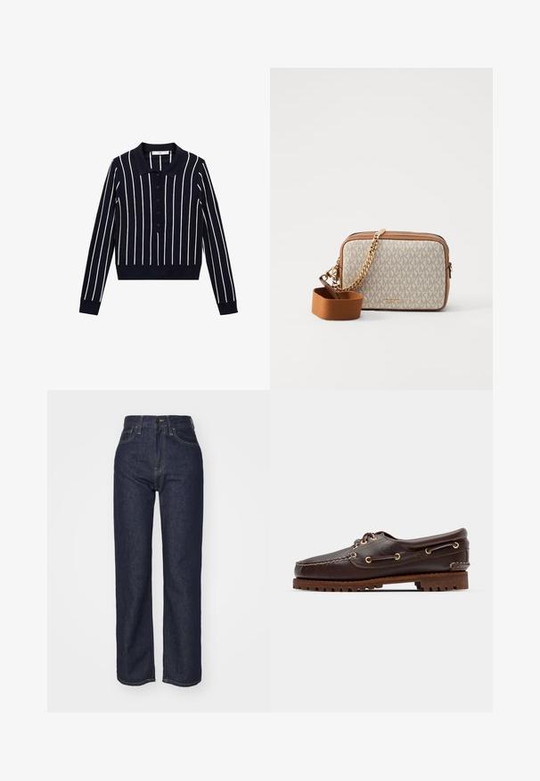 Mornarska polo majica z dolgimi rokavi z belimi navpičnimi črtami, ovratnikom in zapiranjem na gumb. Ozek kroj z rebrastimi manšetami.; Temno modri traperji visoke lege z ravnim krojem, vidnim šivanjem, petimi žepi in sprednjim zapiranjem na gumbe.; Rjave usnjene čolnarske čevlje z zlatimi očesi, okroglicami in teksturiranim rjavim gumijastim podplatom. Ima šivano podrobno obdelavo in dvignjen logotip.; Crossbody torbica iz kremne tkanine s ponovljenim vzorcem MK logotipa, rjavimi usnjenimi detajli in zlatim verižnim pasom s snemljivim rjavim pasom.