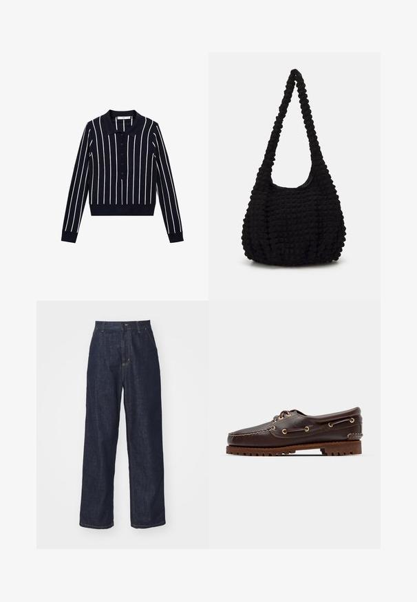 Marineblauwe polo met lange mouwen met witte verticale strepen, een kraag en een knoopsluiting aan de voorkant. Aansluitende pasvorm met geribbelde manchetten.; Donkerblauwe rechtlopende denim jeans met riemlussen, voorknop en zijzakken op een witte achtergrond.; Bruine leren bootsschoen met gouden oogjes, ronde veters en een gestructureerde bruine rubberen zool. Kenmerkt zich door gestikte details en een verhoogd logo.; Zwarte gestructureerde stoffen tas met een enkele gedraaide strap, met een puffy vorm en een geraffineerd oppervlakontwerp.