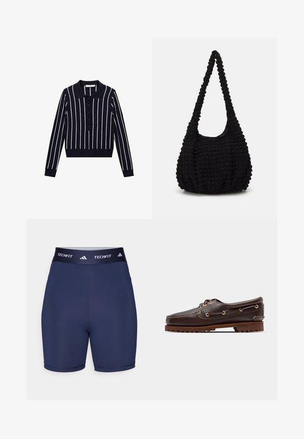 Tricou polo cu mânecă lungă de culoare bleumarin, cu dungi verticale albe, guler și deschidere cu nasturi. Siluetă ajustată cu manșete ribbate.; Pantaloni scurți sport de culoare bleu marin, cu o textură netedă, talie elastică cu inscripția "TECHFIT" și logo-ul cu trei dungi, design ajustat, cusături minime.; Șlapi de punt pe culoare maro din piele, cu ochiuri aurii, șireturi rotunde și o talpă texturată din cauciuc maro. Prezintă detalii cusute și un logo ridicat.; Geantă din material texturat negru, cu o singură curea răsucită, având o formă căptușită și un design cu suprafață strânsă.