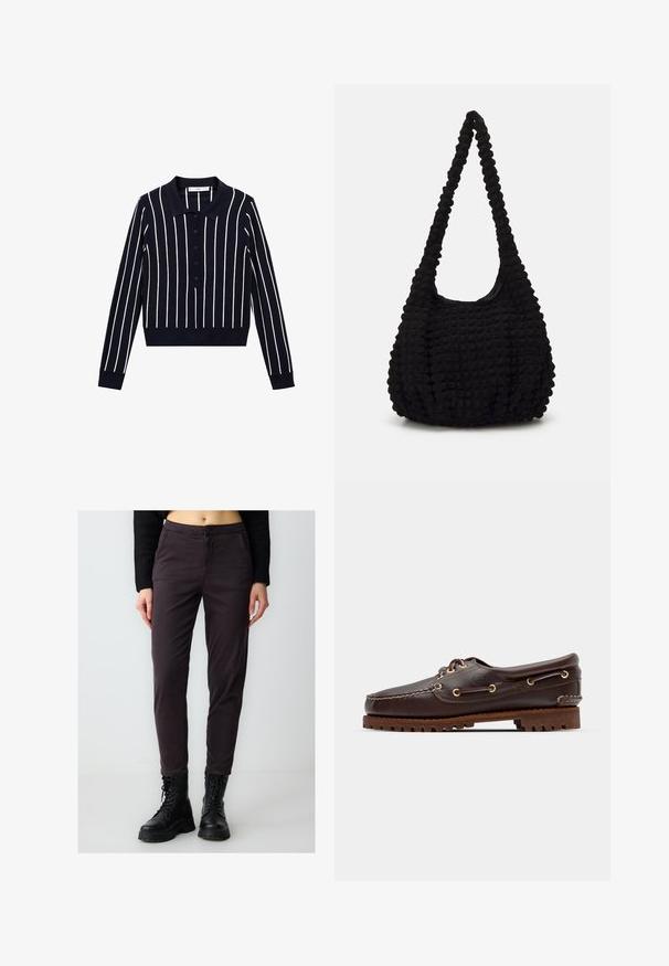 Polo shirt a maniche lunghe blu navy con strisce verticali bianche, colletto e chiusura con bottoni. Silhouette aderente con polsini a costine.; Pantaloni aderenti grigio scuro in misto cotone, con chiusura a bottone e tasche laterali, abbinati a stivali neri con lacci.; Scarpa da barca in pelle marrone con occhielli dorati, lacci tondi e una suola in gomma marrone texturizzata. Presenta dettagli cuciti e un logo in rilievo.; Borsa in tessuto nero con una singola tracolla intrecciata, caratterizzata da una forma gonfia e un design della superficie arricciato.