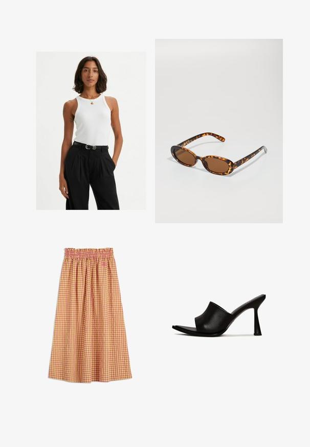 Canotta bianca a coste, con spalline larghe e un design aderente, abbinata a pantaloni neri a vita alta e una cintura nera.; Gonna a quadretti in rosa e giallo, con vita elastica e design fluido e arricciato. Tessuto in cotone.; Mule nere con tacco alto, dotate di una superficie in pelle liscia, punta aperta e design curvo. Presentano un elegante tacco a stiletto e uno stile minimalista.; Occhiali da sole tartaruga con montatura ovale, lenti marroni e astine nere sottili con accenti di pattern discreti.; Borsa a mano in pelle bianca con forma arrotondata, texture trapuntata, dettagli in hardware dorato e tracolla regolabile. Presenta un logo in rilievo sul davanti.; Bracciale in tonalità oro con un esterno liscio e un interno texturizzato. Presenta un design ampio e arrotondato con un'apertura su un lato.