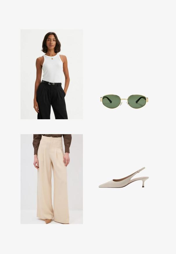 White ribbed tank top, features wide shoulder straps and a fitted design, paired with high-waisted black trousers and a black belt.; Beige wide-leg trousers with a high waist, pleats at the front, and a smooth texture, paired with light-colored heels.; Beige slingback heels with a pointed toe and a low, flared heel. Made from smooth leather with a minimalistic design and adjustable strap.; Gold metal-framed sunglasses with green tinted lenses, oval shape, black temples, and clear nose pads. Clean, minimalist design.
