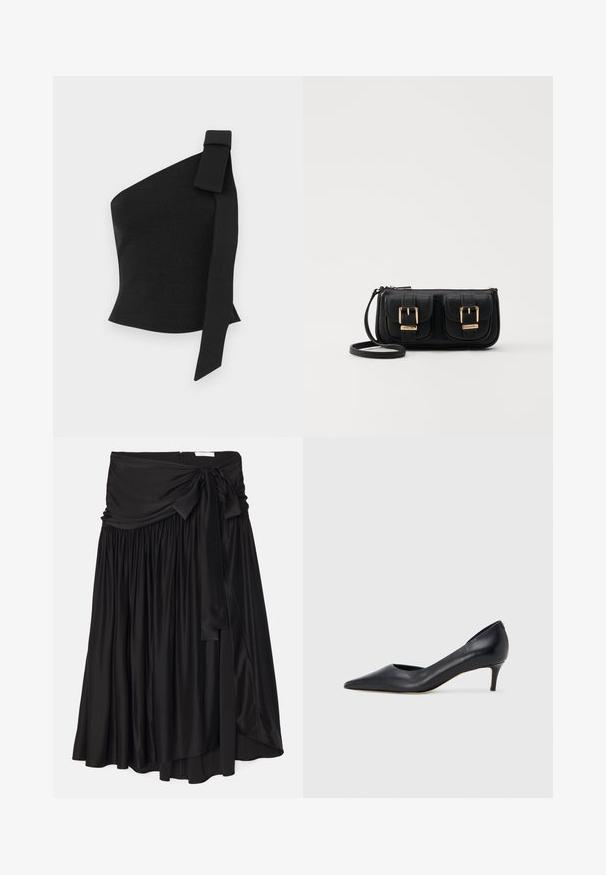 Asimetriška juoda palaidinė, pagaminta iš struktūruoto audinio; turi kaspiną kairiajame petyje ir prigludusį dizainą.; Juodas sijonas, pagamintas iš lygaus, tekancio audinio; turi plačią, išgaubtą juosmens juostą su užrišimu ir klostėmis, suteikiančiomis sijonui purų siluetą.; Juodi odiniai aukštakulniai su smailiu priekeliu ir žemu kulnu. Turi lygią tekstūrą ir subtilų blizgesį. Priekyje yra atvira anga, suteikianti papildomo detalių.; Juodas odinis per petį nešiojamas krepšys su dviem priekiniais kišenėmis, auksiniais sagtimis, užtrauktuko uždarymu ir siauromis petnešomis. Textūruota paviršius ir kompaktiškas stačiakampis formatas.