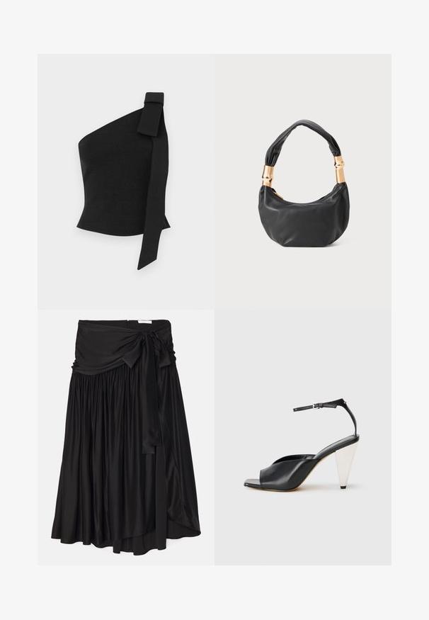 Asymetrický čierny top vyrobený z textúrovanej látky; obsahuje mašľu na ľavom ramene a má priliehavý strih.; Čierna sukňa vyrobená z hladkej, splývavej látky; obsahuje široký, drapovaný pás s viazaním a plisované detaily pre vzdušný tvar.; Čierne kožené sandále na vysokých podpätkoch s otvorenou špičkou, asymetrickým dizajnom, remienkom okolo členka a kovovým kužeľovitým podpätkom. Hladká textura po celom povrchu.; Čierna kožená kabelka s guľatým tvarom, príjemnou textúrou a uzlíkovou rukoväťou s akcentmi zlatého tónu. Zipsové uzatvorenie.