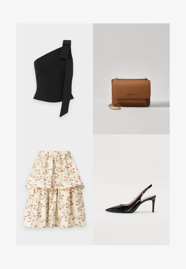 Asymetrický černý top vyrobený z texturované tkaniny; má mašlový detail na levém rameni a přiléhavý střih.; Sukně do áčka v krémové barvě s květinovým vzorem červených jahod a zelených vinných rév. Elastický pas pro pohodlí a přizpůsobení.; Černé lakované slingback lodičky s špičatou špičkou, úzkým podpatkem a jemným výřezem. Obsahují zlatou sponu na řemínku.; Hnědá texturovaná kožená kabelka přes rameno se zlatým řetízkovým popruhem a klopnovým uzavíráním. Přední strana obsahuje detail loga a kapsu pod klopou.
