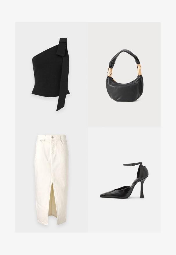 Ebaaseline must ülemine osa, mis on valmistatud tekstuuritud kangast; sellel on vasakul õlal paeltehtud detail ja see on figuuri järgiva disainiga.; Valge denimsügis, millel on ees lõhe, esitleb kõrget vöökohta, vöökinnitusauke ja klassikalist viie taskuga disaini. Tekstureeritud kangas koos õmblusdetailidega.; Mustad mustaga kõrge kontsaga king, millel on läikiv viimistlus, terav nina, pahkluuring ja skulptuurne stiletto konts. Sile tekstuur ja stiilne disain.; Must mustrepp nahkakott ümmarguse kujuga, pehme tekstuuriga ja sõlmiga käepidemega, millel on kuldse tooni aksessuaarid. Lukuga sulgemine.