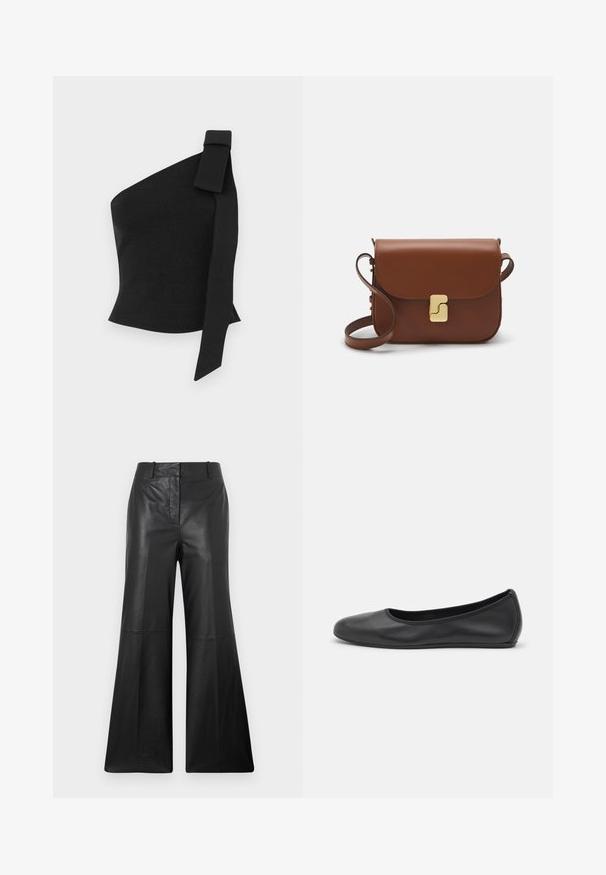 Top asimmetrico nero realizzato in tessuto testurizzato; presenta un dettaglio a fiocco sulla spalla sinistra e una vestibilità aderente.; Pantaloni neri in pelle a palazzo con una texture liscia, dotati di vita media, tasche laterali e una pulita cucitura frontale.; Pantofole da balletto nere in pelle con punta arrotondata, texture liscia, dettagli di cucitura minimi e design con suola flessibile.; Borsa a tracolla in pelle marrone con chiusura a pattina, hardware color oro, tracolla e una finitura liscia. Forma rettangolare compatta.