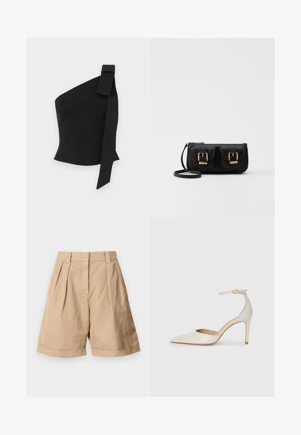Asymmetrical black top made of textured fabric; features a bow detail on the left shoulder and a fitted design.; Beige linen shorts with a high waist, two front pleats, and rolled cuffs. Smooth texture with a tailored design.; White leather high-heeled shoe with a pointed toe, ankle strap, and a slim stiletto heel. Smooth texture with subtle glossy finish.; Black leather crossbody bag with two front pockets, gold buckles, zipper closure, and a slim strap. Textured surface and compact rectangular shape.