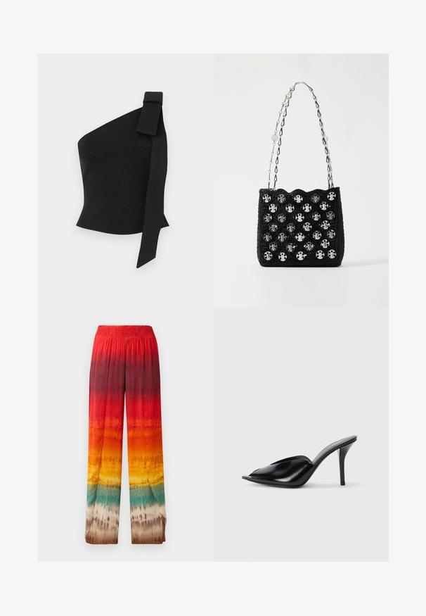 Aszimmetrikus fekete felső, texturált anyagból; bal vállán masnis díszítéssel és testhez simuló kialakítással rendelkezik.; Alkalmi, nagylábú nadrág, amely piros, narancs, sárga és zöld színátmenetes mintával rendelkezik. Puha, könnyű anyagból készült, rugalmas derékpánttal.; Fekete bőr, nyitott orrú, hegyes kialakítású, sima textúrájú, és karcsú tűsarokkal rendelkező magassarkú mules.; Rabanne Kézitáska - black/silver