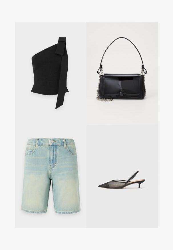 Asymetrický čierny top vyrobený z textúrovanej látky; obsahuje mašľu na ľavom ramene a má priliehavý strih.; Svetlomodré džínsy s vyblednutým povrchom, s dizajnom piatich vreciek, viditeľným šitím a kovovým zapínaním na páse.; NEOUS IRENA - Klasické lodičky na opätku - black; Čierna laková kožená kabelka s obdĺžnikovým tvarom, reťazovým popruhom a výrazným hardvérovým prvkom v strede. Hladká textúra.