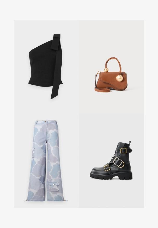 Asymetrický černý top vyrobený z texturované tkaniny; má mašlový detail na levém rameni a přiléhavý střih.; Cargo kalhoty s širokým střihem v jemně modro-šedém cloudovém vzoru, s postranní kapsou a nastavitelnou šňůrkou na spodním lemu.; Černé kožené kotníkové boty s robustní podešví, zdobené několika pásky a zlatými kovovými detaily. Hladký povrch, robustní design.; Hnědá kožená kabelka s vlnitým designem, která má dva kruhové zlaté akcenty a odnímatelný ramenní popruh pro všestranné nošení.