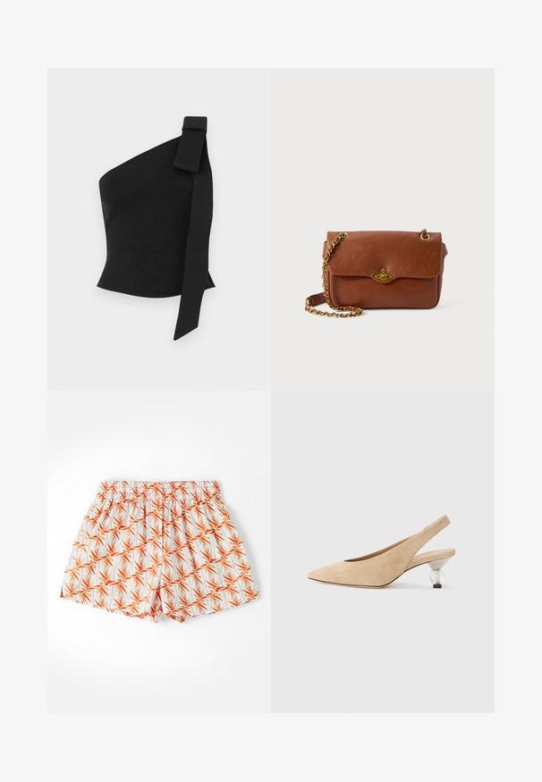 Top asimetric negru din țesătură texturată; are un detaliu cu fundă pe umărul stâng și un design ajustat.; Pantaloni scurți albi cu un model de frunze de palmier portocalii, talie elastică și o croială lejeră. Confectionați dintr-un material ușor, potriviți pentru vreme caldă.; Pantof bej din piele sușie, cu vârful ascuțit și toc rotund transparent. Textură netedă și design minimalist.; Geantă din piele maro, tip crossbody, cu închidere cu clapetă, elemente din aur și curea din lanț. Textură netedă, formă rectangulară, detalii minime.