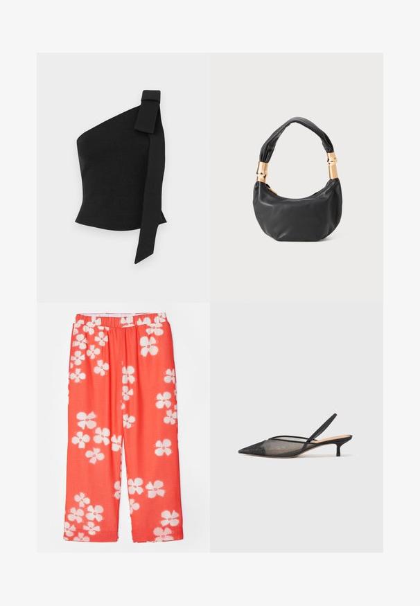 Asymetrický čierny top vyrobený z textúrovanej látky; obsahuje mašľu na ľavom ramene a má priliehavý strih.; Červené nohavice s kvetinovým vzorom vyrobené z ľahkej textúrovanej tkaniny. Majú elastický pás a široký strih rovného strihu.; NEOUS IRENA - Klasické lodičky na opätku - black; Čierna kožená kabelka s guľatým tvarom, príjemnou textúrou a uzlíkovou rukoväťou s akcentmi zlatého tónu. Zipsové uzatvorenie.