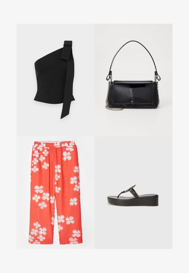 Aszimmetrikus fekete felső, texturált anyagból; bal vállán masnis díszítéssel és testhez simuló kialakítással rendelkezik.; Piros virágmintás nadrág könnyű, texturált anyagból. Rugalmas derékrésszel és széles, egyenes szabású lábbal rendelkezik.; Fekete platform szandál vastag talppal, vékony pántokkal és egyszerű csattal. Az anyaga simának tűnik, matt felülettel.; Fekete lakkbőr kézitáska téglalap alakú, láncos vállpánttal és középen egy jellegzetes fém díszítéssel. Simaszerkezet.