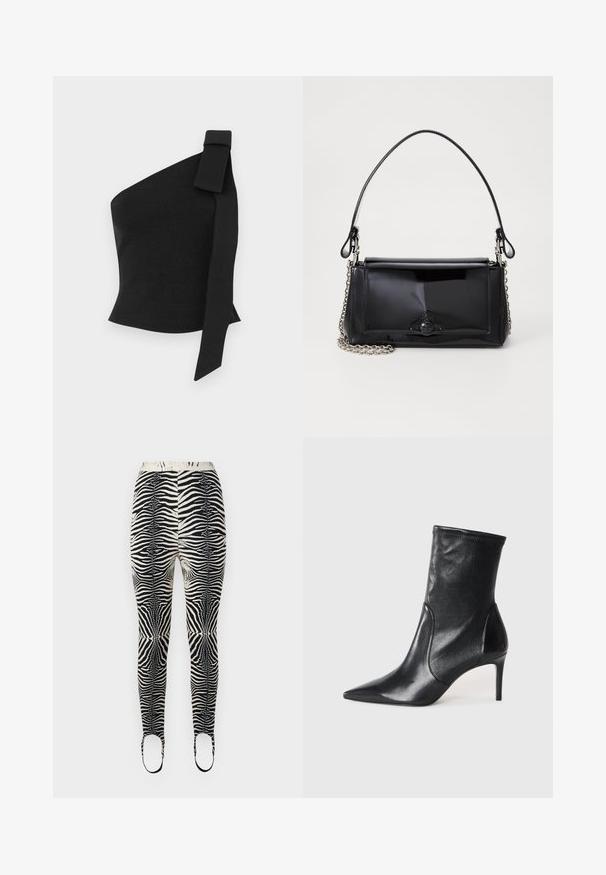 Asimetrisks melns tops, izgatavots no teksturētas auduma; ar loku uz kreisā pleca un pieguļošu dizainu.; Zebrains izdrukas legingi ar melnu un bēšīgu krāsu shēmu, elastīgu materiālu, augstu jostasvietu un kāju atverēm ar siksnām.; Melnas potītes zābakus, kas izgatavoti no gludas ādas, ar norādītu purngaliņu, pieguļošu kāju un šauru augstu papēdi. Minimalistisks dizains bez redzamiem aksesuāriem.; Melnas lakotas ādas rokassomi ar taisnstūra formu, ķēdes siksnu un izteiksmīgu metāla aksesuāru centrā. Gluda tekstūra.
