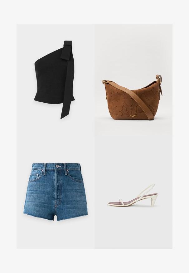 Aszimmetrikus fekete felső, texturált anyagból; bal vállán masnis díszítéssel és testhez simuló kialakítással rendelkezik.; Kék farmer magas derekú rövidnadrág elülső gombbal, övhurkokkal, öt zsebes dizájnnal és nyers szegésű hem résszel egy sima háttér előtt.; Fehér, pántos szandál enyhe sarokkal, vékony pántokkal és sima bőr textúrával; kis díszítő csattal rendelkezik.; Barna velúr válltáska, dombornyomott virágmintával, sima barna bőrpánttal és arany színű fém kiegészítőkkel.