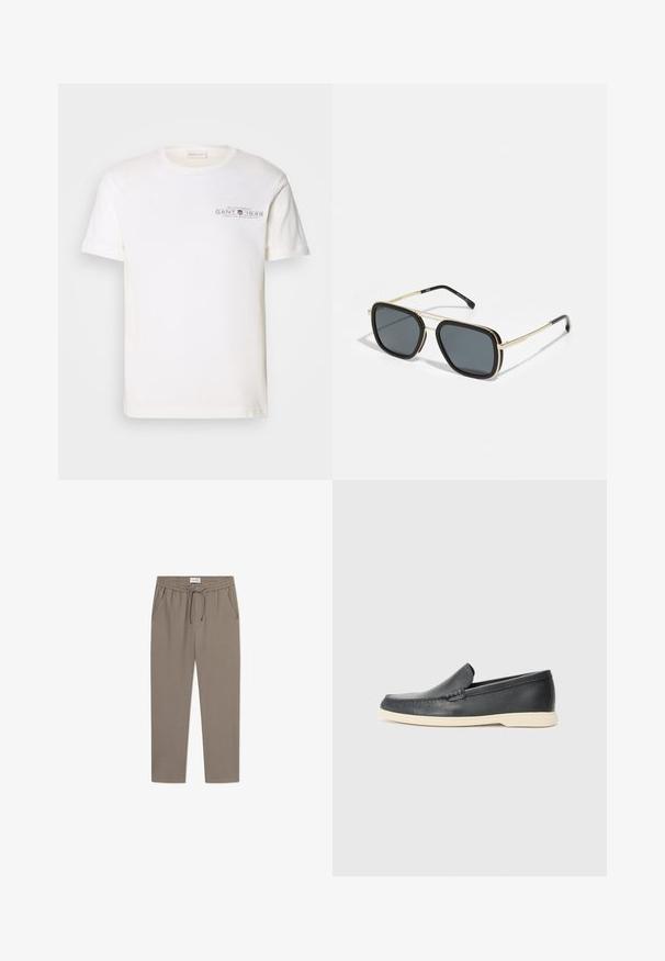 T-shirt en coton blanc avec un col rond, des manches courtes et un logo imprimé. Présente un design minimaliste et une coupe décontractée.; Pantalon de jogging gris avec une taille élastiquée, un cordon de serrage et des poches latérales. Le tissu semble lisse avec une coupe décontractée et des jambes fuselées.; Mocassins noirs en cuir à enfiler avec une finition texturée et une semelle en caoutchouc beige contrastante. Présente un accent subtil sur le devant.; Lunettes de soleil noires et dorées avec une forme carrée, une monture métallique, des verres gris foncé et des embouts de branches noirs. Présente un design à double pont.