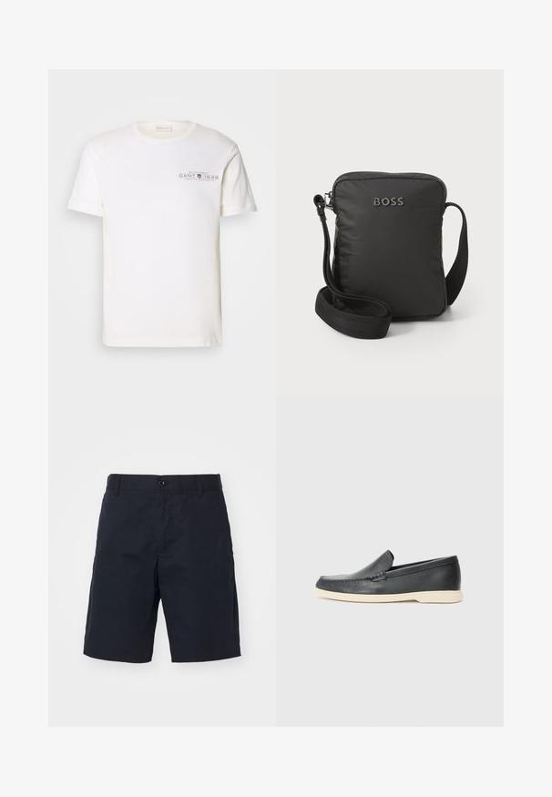 Witte katoenen t-shirt met ronde hals, korte mouwen en een bedrukt logo. Heeft een minimalistisch design en een relaxte pasvorm.; Zwarte katoenen shorts met een rechte voorkant, zijzakken, een knoopsluiting en een recht gesneden pijp. Geen zichtbare patronen of accenten.; Zwarte leren instappers met een gestructureerde afwerking en een contrasterende beige rubberen zool. Beschikt over een subtiele accent langs de voorkant.; Zwarte nylon schoudertas met een rechthoekige vorm, ritsclosure, verstelbare schouderriem en reliëf "BOSS" logo aan de voorkant.