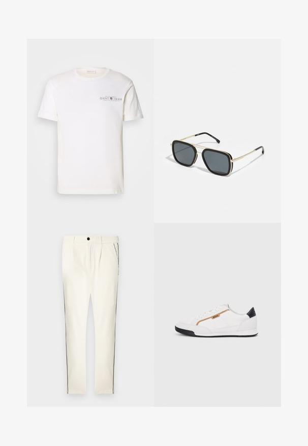 Bela bombažna majica s kratkimi rokavi in okroglim izrezom, s tiskanim logotipom. Ima minimalističen dizajn in udoben kroj.; Belo črtaste hlače z razpihanim krojem, ki imajo črto na strani, zapiranje na gumb in sprednje naborke za dodaten dizajnerski detajl.; Bele športne čevlje z mrežnimi in usnjenimi detajli. Opremljeni so z zlatim logotipom "BOSS", teksturiranimi stranskimi paneli in črnim kapcom na peti. Guma podplat.; Črne in zlate sončna očala s kvadratno obliko, kovinskim okvirjem, temno sivo lečo in črnimi nastavki za ušesa. Imajo dvojni most.