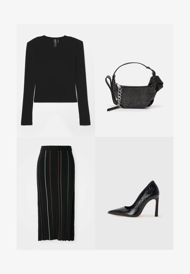 Fekete, hosszú ujjú felső, rugalmas anyagból, V-kivágással és formás szabással, sima textúrával és rövidített hosszal.; Fekete pliszírozott szoknya függőleges sárga, narancssárga, piros, zöld és fehér csíkokkal. Kiemelkedő derékrésszel rendelkezik, és az alja enyhén aszimmetrikus.; Fekete hegyes orrú magassarkú cipő krokodilbőr textúrával, letisztult dizájnnal, magas tűsarkú és sima fekete belső résszel.; Fekete kézitáska textúrázott dizájnnal, ezüst szegecsekkel és masszív ezüst lánc pánttal díszítve. Letisztult, minimalista formája van.