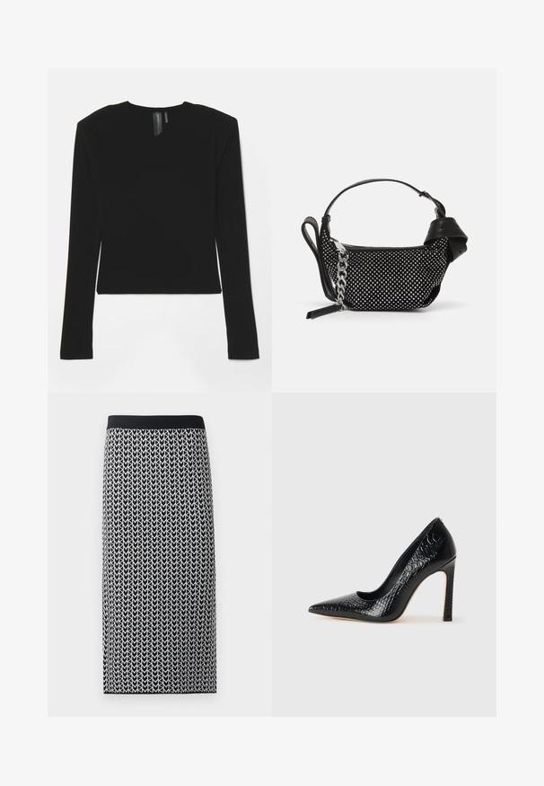 Črn dolg rokav s pretegnjeno tkanino, V-izrezom in prilagojenim krojem, z gladko teksturo in skrajšano dolžino.; Krilo do kolen, izdelano iz napete pletene tkanine, ki ima črno-bele puščice in črn elastik na pasu.; Črne čevlje z visoko peto in konico v obliki puščice, z teksturo krokodilje kože, ki se ponašajo s sleek oblikovanjem, visokim stiletto peto in gladkim črnim notranjostjo.; Črna torbica z teksturiranim dizajnom, okrašena s srebrnimi bleščicami in debelim srebrnim trakovanjem. Ima eleganten, minimalističen oblik.