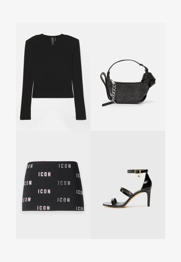 Črn dolg rokav s pretegnjeno tkanino, V-izrezom in prilagojenim krojem, z gladko teksturo in skrajšano dolžino.; Črna mini krilca z bleščečim napisom "ICON" v ponavljajočem se vzorcu po tkanini, gladka tekstura z oprijetim dizajnom.; Črne lakirane sandale s tremi trakovi, zaponko okoli gležnja in 10-centimetrsko stiletto peto. Imajo detajle iz zlatega kovanja in logotipni čar.; Črna torbica z okrasnimi žebljički, verižnim trakom in gladkim usnjenim ročajem, zaokrožene oblike z zaklepanjem na zadrgo.