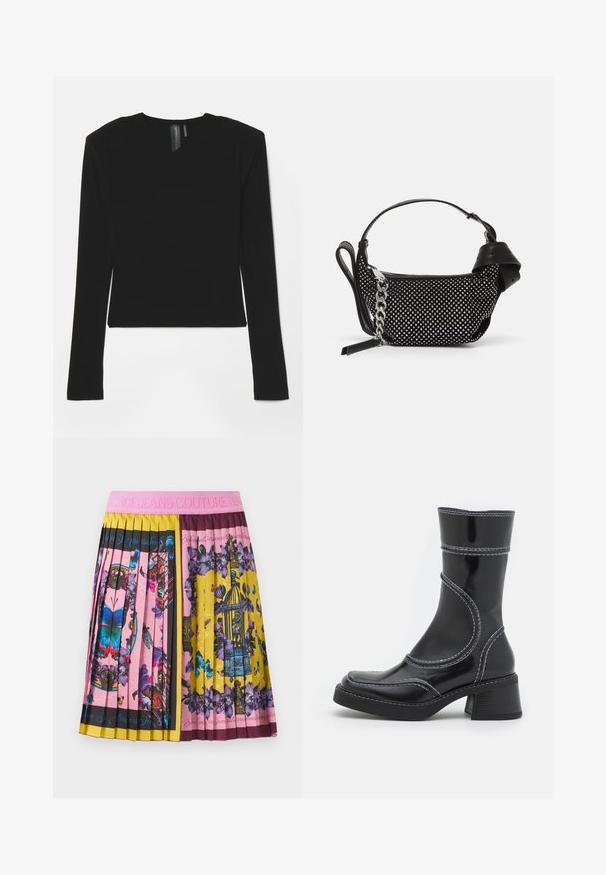 Fekete, hosszú ujjú felső, rugalmas anyagból, V-kivágással és formás szabással, sima textúrával és rövidített hosszal.; Felendő szoknya rózsaszín derékkal, élénk pillangó, virág- és madárkalitka mintákkal rózsaszín, sárga, lila és fekete színblokkokban.; Fekete lakkbőr bokacsizma fehér varrással, kerek orral és blokk sarkal. Görbült formai vonalakkal és sima textúrával rendelkezik.; Fekete kézitáska szegecses díszítéssel, láncos pánttal és sima bőr fogantyúval, lekerekített formával és cipzáras rekesszel.