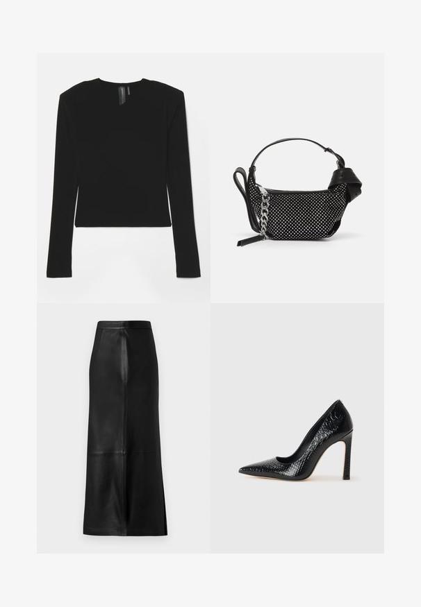 Top negru cu mâneci lungi, confecționat dintr-un material elastic, cu decolteu în V și un design ajustat, având o textură fină și o lungime scurtă.; Fustă din piele neagră cu o siluetă dreaptă, având o despicătură la spate, textură netedă și detalii de cusătură vizibile.; Pantofii cu toc înalt, ascuțiți, de culoare neagră, cu textură de piele de crocodil, având un design elegant, toc în stil stiletto și interior neted de culoare neagră.; Geantă neagră cu un design texturat, împodobită cu tije argintii și o curea chunky din argint. Prezintă o formă elegantă și minimalistă.