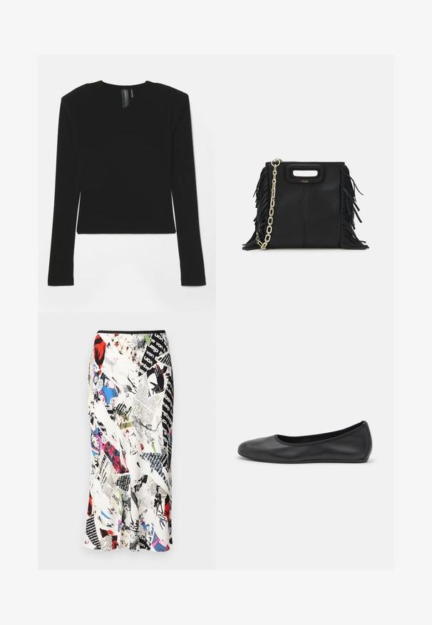 Svart langermet topp laget av elastisk stoff med V-hals og tettsittende design, med en glatt tekstur og cropped lengde.; Diane von Furstenberg MAE SKIRT - Blyantskjørt - multi coloured; Svart skinnballettflatt med rund tå, glatt tekstur, minimal sømdetalj, og et fleksibelt såledesign.; Svart læderhåndtaske med frynsedetaljer, guldkæde skulderrem og udskåret håndtag. Har logo placeret på forsiden.