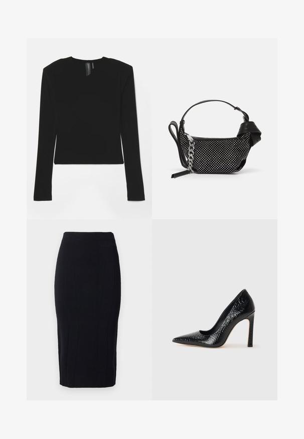 Black long-sleeve top made of stretchy fabric with a V-neckline and fitted design, featuring a smooth texture and a cropped length.; Black pencil skirt made of textured fabric, featuring vertical seam detailing and a fitted silhouette. Subtle branding at the waist.; Black pointed-toe high heel shoe with a crocodile-skin texture, featuring a sleek design, high stiletto heel, and smooth black interior.; Black handbag with a textured design, adorned with silver studs and a chunky silver chain strap. Features a sleek, minimalist shape.