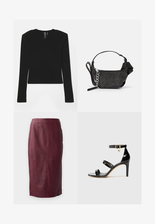 Črn dolg rokav s pretegnjeno tkanino, V-izrezom in prilagojenim krojem, z gladko teksturo in skrajšano dolžino.; Bordo usnjena svinčnik krila z gladko teksturo, zasnova do kolen in subtilnimi šivi. Nobeni zapenjalni elementi niso vidni.; Črne lakirane sandale s tremi trakovi, zaponko okoli gležnja in 10-centimetrsko stiletto peto. Imajo detajle iz zlatega kovanja in logotipni čar.; Črna torbica z okrasnimi žebljički, verižnim trakom in gladkim usnjenim ročajem, zaokrožene oblike z zaklepanjem na zadrgo.