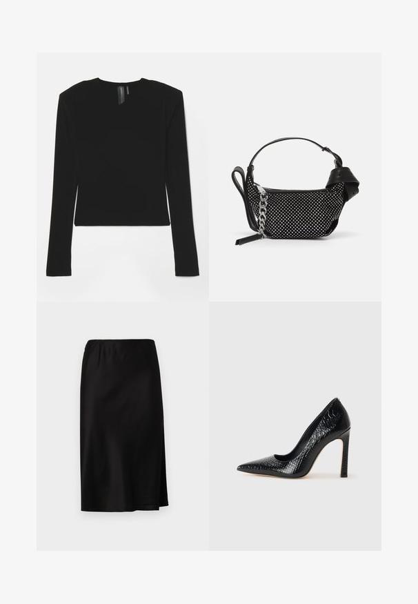 Černý dlouhý rukáv top vyrobený z elastického materiálu s výstřihem do V a přiléhavým střihem, s hladkým texturem a zkrácenou délkou.; Černá saténová sukně s elastickým pasem, obsahující boční rozparky pro snadný pohyb a hladkou, lesklou texturu.; Černý lodičkový bot s špičatou špičkou, pokrytý texturou krokodýlí kůže, s elegantním designem, vysokým stiletto podpatkem a hladkým černým interiérem.; Černá kabelka s cvočky, řetízkem a hladkým koženým držadlem, kulatého tvaru a se zipovou kapsou.