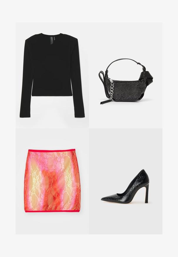 Top nera a maniche lunghe realizzato in tessuto elasticizzato, con scollo a V e design aderente, caratterizzato da una texture liscia e una lunghezza cropped.; Gonna mini in pizzo trasparente con una sfumatura di rosa e rosso, caratterizzata da un motivo floreale, rifinita con una cintura rossa uniforme.; Scarpa nera con punta a punta alta in pelle di coccodrillo, caratterizzata da un design elegante, alto tacco a spillo e interno nero liscio.; Borsa nera con un design texture, adornata con borchie argentate e una robusta tracolla in argento. Presenta una forma elegante e minimalista.