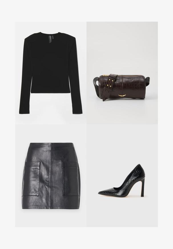 Melnā garo piedurkņu blūze izgatavota no elastīga auduma ar V veida kakla izgriezumu un pieguļošu dizainu, piedāvājot gludu tekstūru un saīsinātu garumu.; Melna ādas mini svārki ar divām sānu kabatām, gluda tekstūra, pieguļošs dizains un tīras līnijas bez papildu rotājumiem.; Melni augstpapēžu apavi ar norādītu purngalu, ar krokodila ādas tekstūru, izceļoties ar elegantu dizainu, augstu stiletto papēdi un gludu melnu interjeru.; Brūna krokodila ādas soma ar cilindrisku formu, zelta toni aparatūru un noņemamu siksnu ar studiem.
