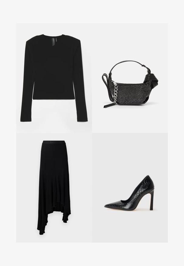 Črn dolg rokav s pretegnjeno tkanino, V-izrezom in prilagojenim krojem, z gladko teksturo in skrajšano dolžino.; Črna asimetrična krila z valovitim robom, izdelana iz mehkega, raztegljivega materiala, s širokim pasom in embosiranim blagovno znamko.; Črne čevlje z visoko peto in konico v obliki puščice, z teksturo krokodilje kože, ki se ponašajo s sleek oblikovanjem, visokim stiletto peto in gladkim črnim notranjostjo.; Črna torbica z teksturiranim dizajnom, okrašena s srebrnimi bleščicami in debelim srebrnim trakovanjem. Ima eleganten, minimalističen oblik.