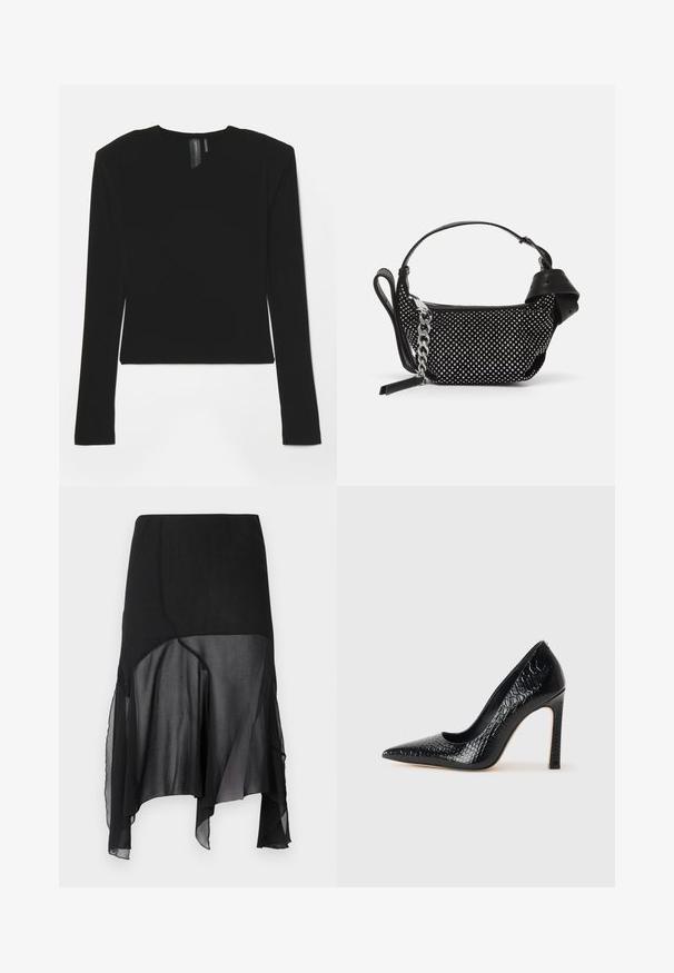 Črn dolg rokav s pretegnjeno tkanino, V-izrezom in prilagojenim krojem, z gladko teksturo in skrajšano dolžino.; AVAVAV DRAPED SKIRT - Krilo A-kroja - black; Črne čevlje z visoko peto in konico v obliki puščice, z teksturo krokodilje kože, ki se ponašajo s sleek oblikovanjem, visokim stiletto peto in gladkim črnim notranjostjo.; Črna torbica z okrasnimi žebljički, verižnim trakom in gladkim usnjenim ročajem, zaokrožene oblike z zaklepanjem na zadrgo.