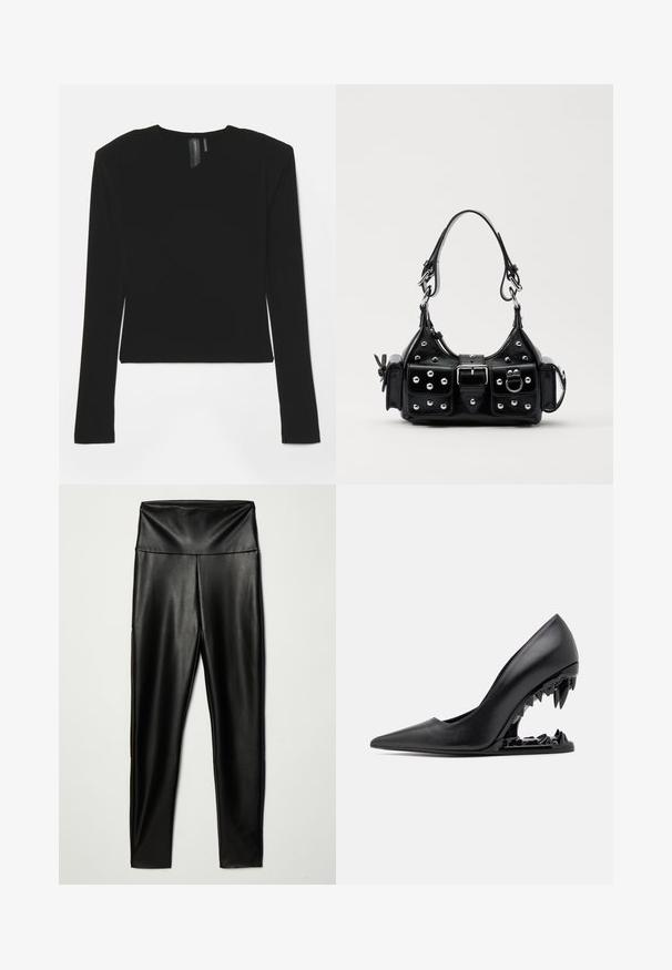 Black long-sleeve top made of stretchy fabric with a V-neckline and fitted design, featuring a smooth texture and a cropped length.; Black faux leather leggings with a high waistband, featuring a smooth texture and a fitted silhouette, extending to ankle length.; GCDS MORSO - High heels - nero; Black leather handbag with a curved design, featuring silver studs, a buckle, and two side pockets. Adjustable strap for carrying options.