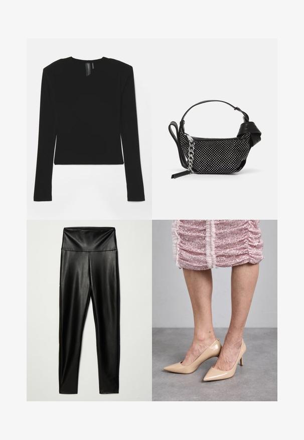 Schwarzes Langarmoberteil aus dehnbarem Material mit V-Ausschnitt und figurbetontem Design, das eine glatte Textur und eine gekürzte Länge aufweist.; Schwarze Kunstlederleggings mit hohem Bund, die eine glatte Textur und eine taillierte Silhouette aufweisen und bis zur Knöchellänge reichen.; Beige Lackleder-Pumps mit spitzem Zehenbereich und schmalem Absatz. Glatte Textur mit elegantem Design. Getragen zu einem pinken Paillettenkleid.; Schwarze Handtasche mit Nietenverzierungen, einer Kettenriemen und einem glatten Ledergriff, in runder Form und mit einem Reißverschlussfach.