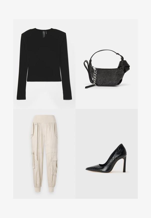 Zwarte lange mouw top gemaakt van rekbaar materiaal met een V-hals en een aansluitend ontwerp, met een gladde textuur en een cropped lengte.; Beige cargo broek met elastische tailleband, taps toelopende boorden, zijzakken en knoopdetails. Gemaakt van lichtgewicht stof met een gladde textuur.; Zwarte puntige hoge hak schoen met een krokodillenleren textuur, met een slank ontwerp, hoge stiletto-hak, en een gladde zwarte binnenkant.; Zwarte handtas met studded embellishments, een kettingriem en een soepel leren handvat, met een afgeronde vorm en een ritscompartiment.